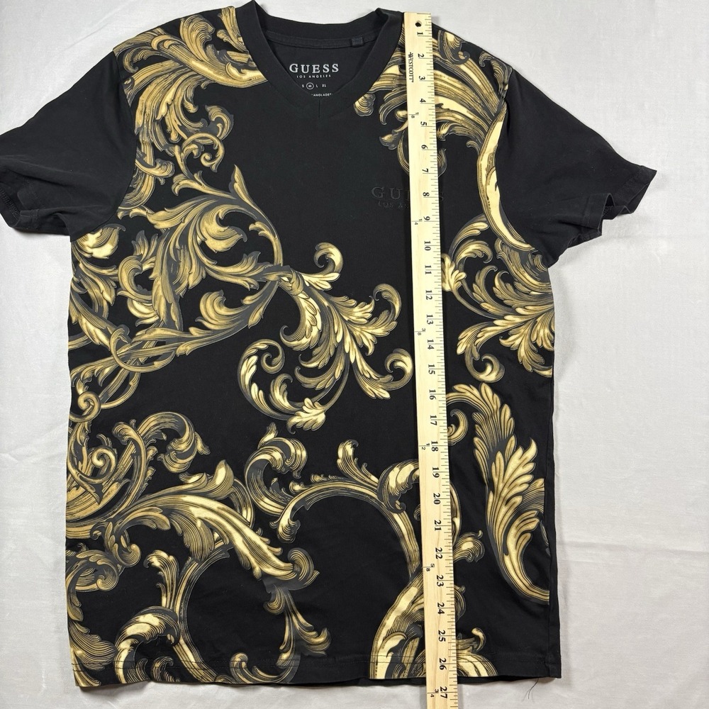 Guess Los Angeles Baroque Print V Neck T Shirt Mens M Black Gold Scroll Graphic - Picture 6 of 9